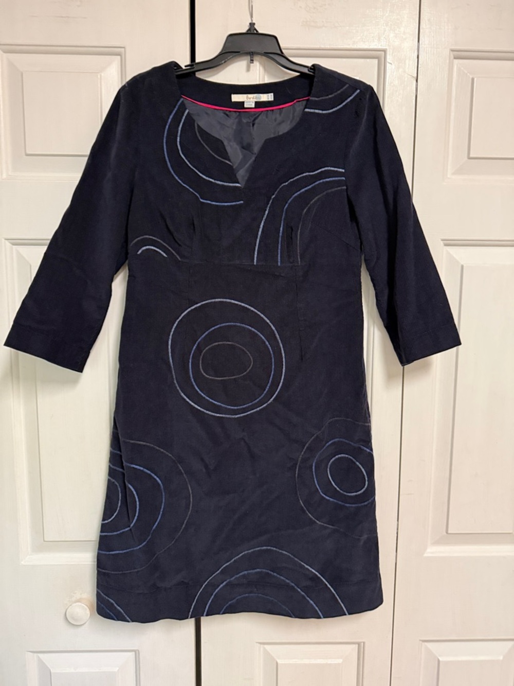 Boden Navy Corduroy Long Sleeve Dress with Light Blue Circle Embroidery